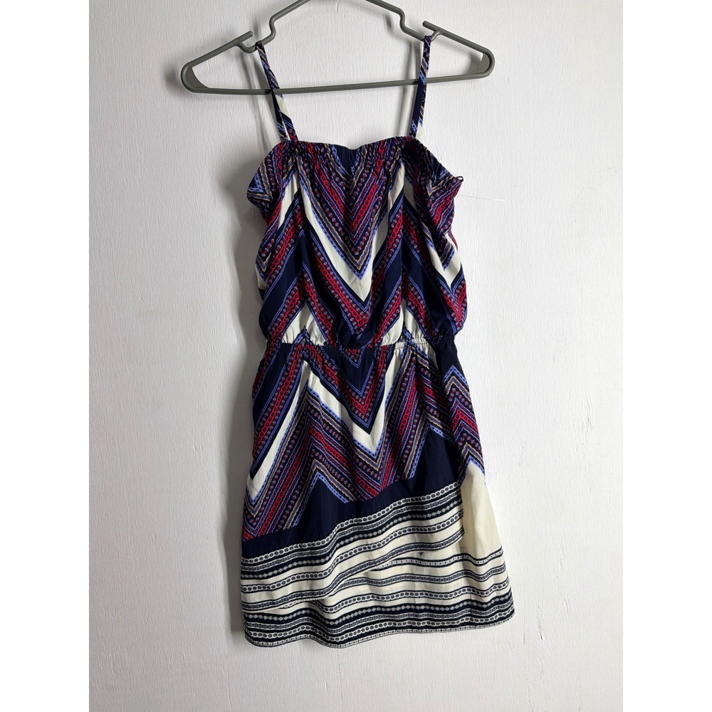 Express Women XS Navy Blue Red Chevron Geometric Smocked Mini Dress Summer Boho